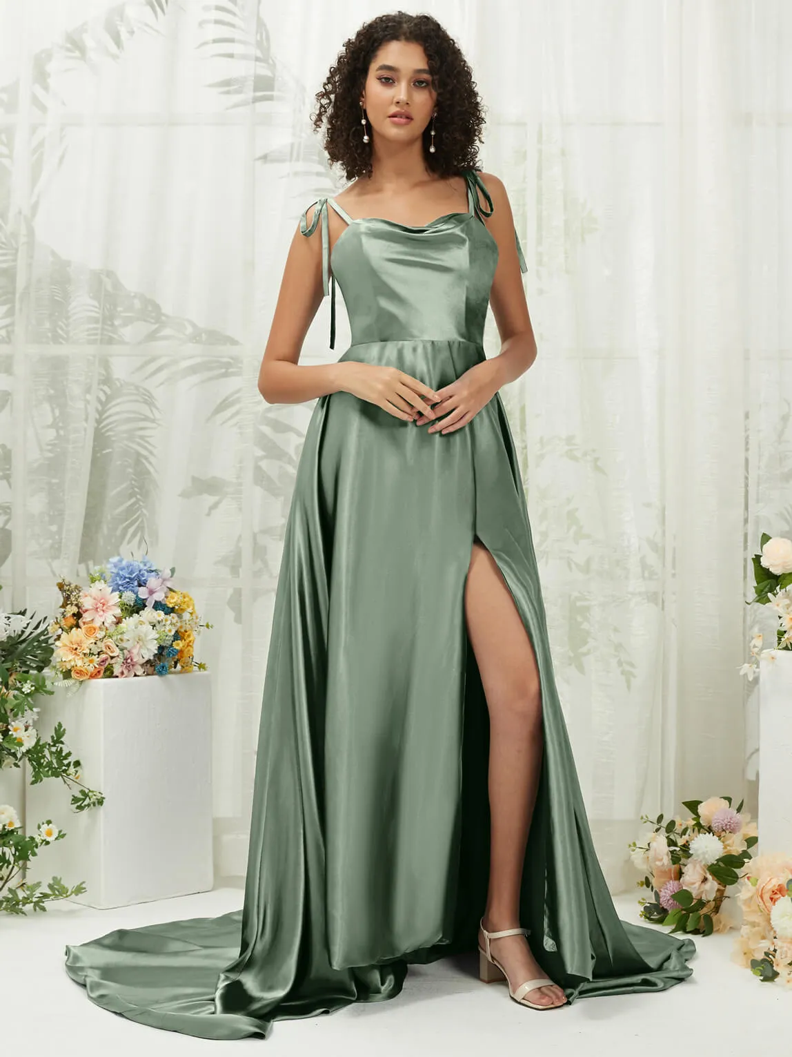 Eucalyptus Satin Sweetheart Adjustable Straps Formal Gown With Pocket