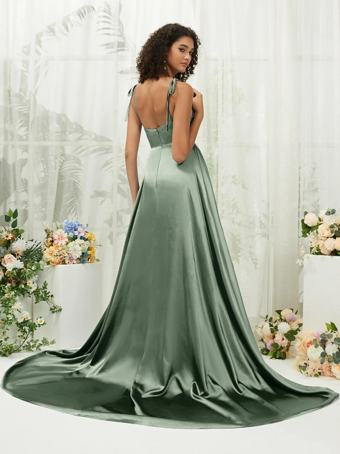 Eucalyptus Satin Sweetheart Adjustable Straps Formal Gown With Pocket