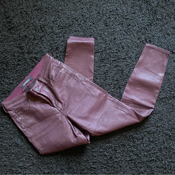 Express High Waisted Coated Maroon Ankle Skinny Jeans Leggings