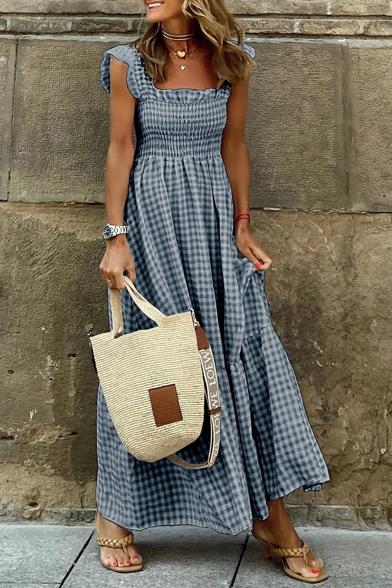 Fashion Plaid Patchwork Square Collar Cake Skirt Dresses(4 Colors)