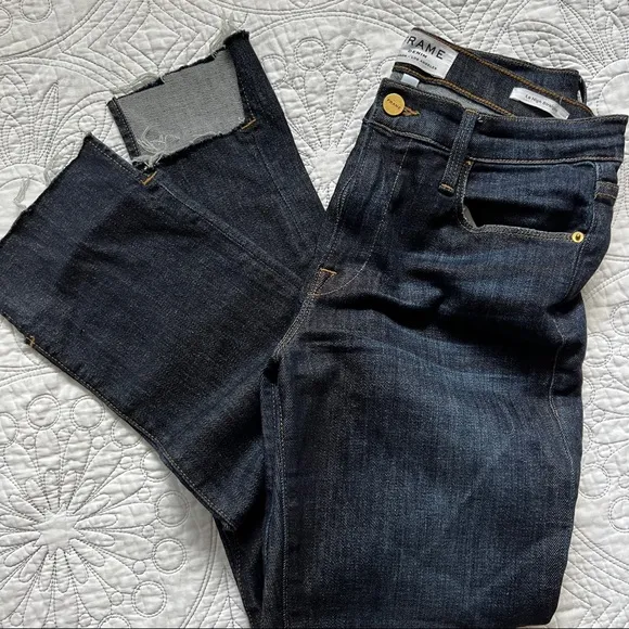 FRAME Denim Le High Straight Reverse Step Hem Jeans Raw Edge Ankle Crop