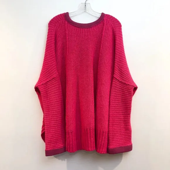 Free People Colorful Fun Pink Oversized Knit V Neck Wide Sleeve Pullover Sweater