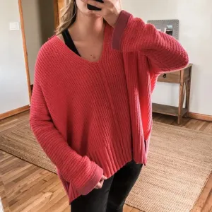 Free People Colorful Fun Pink Oversized Knit V Neck Wide Sleeve Pullover Sweater