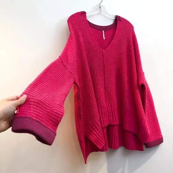 Free People Colorful Fun Pink Oversized Knit V Neck Wide Sleeve Pullover Sweater