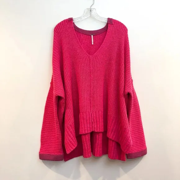 Free People Colorful Fun Pink Oversized Knit V Neck Wide Sleeve Pullover Sweater