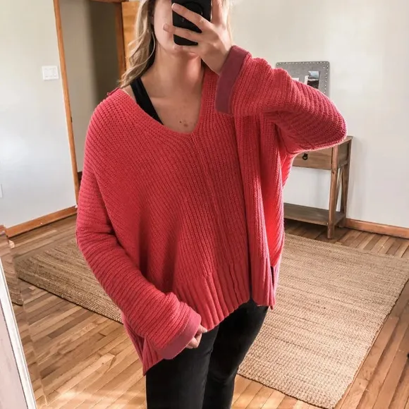 Free People Colorful Fun Pink Oversized Knit V Neck Wide Sleeve Pullover Sweater