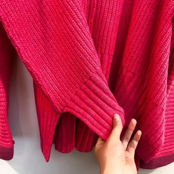 Free People Colorful Fun Pink Oversized Knit V Neck Wide Sleeve Pullover Sweater