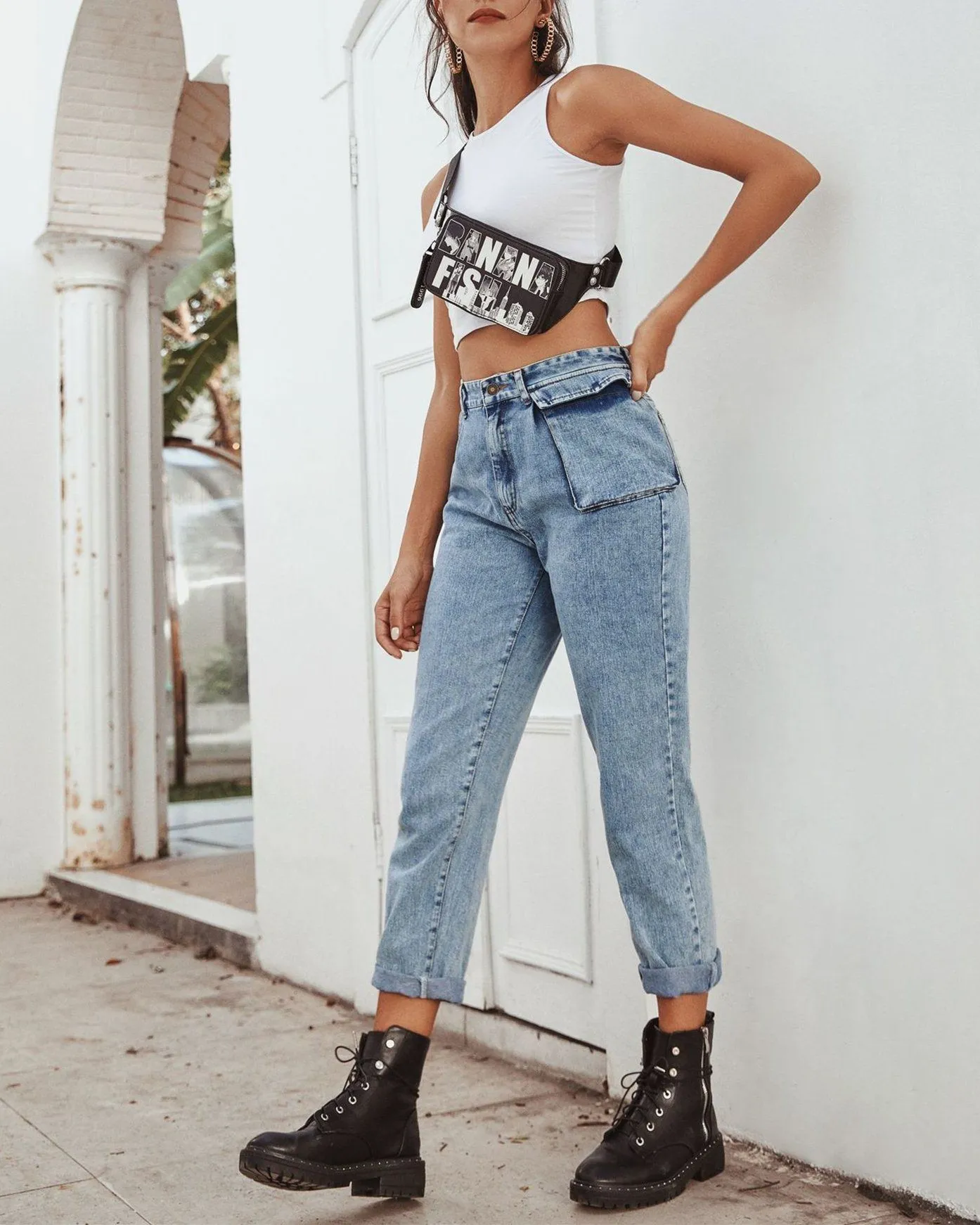 Free People High-Waisted Cargo Jeans - blue