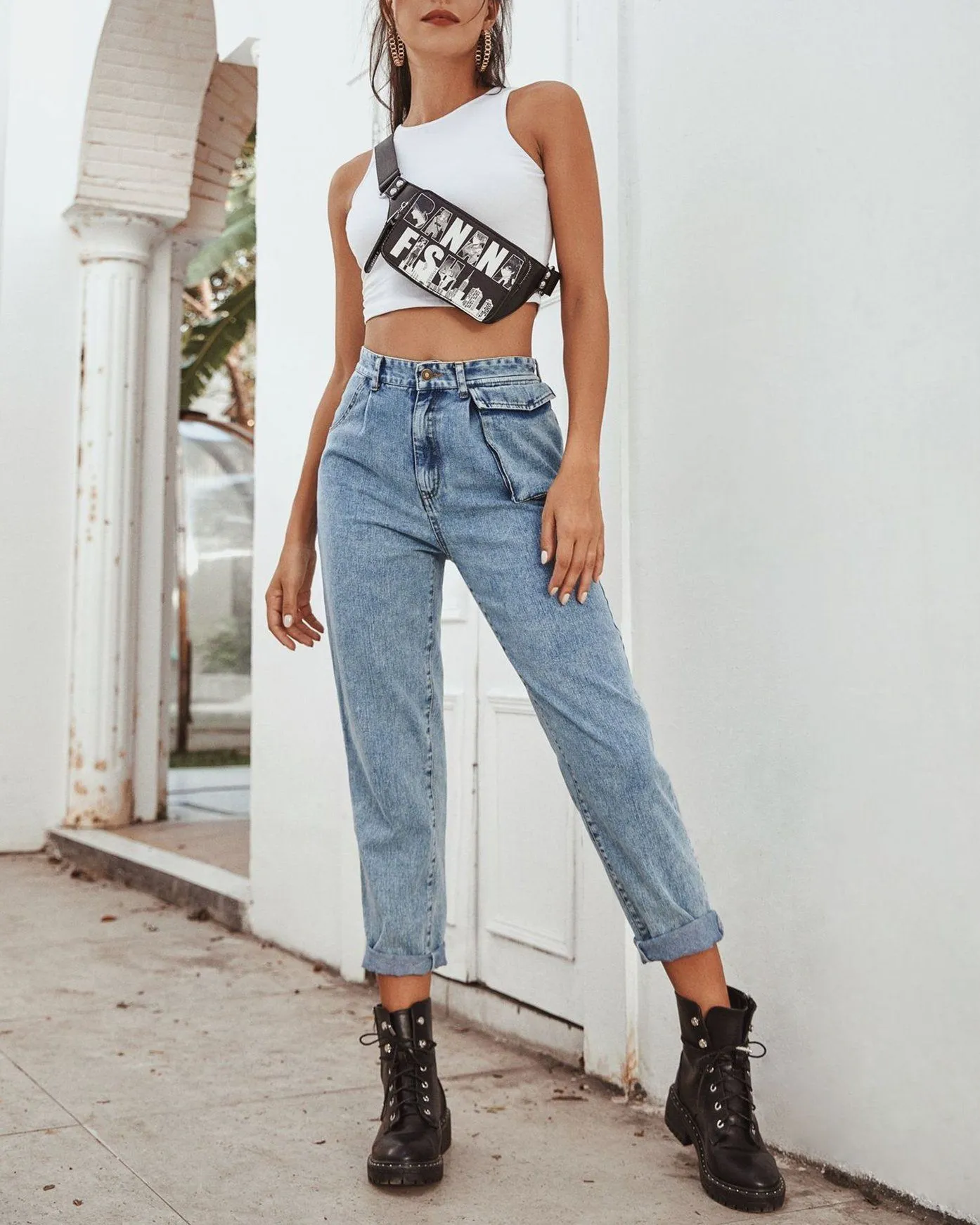 Free People High-Waisted Cargo Jeans - blue