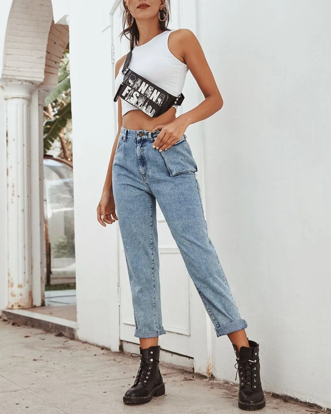 Free People High-Waisted Cargo Jeans - blue