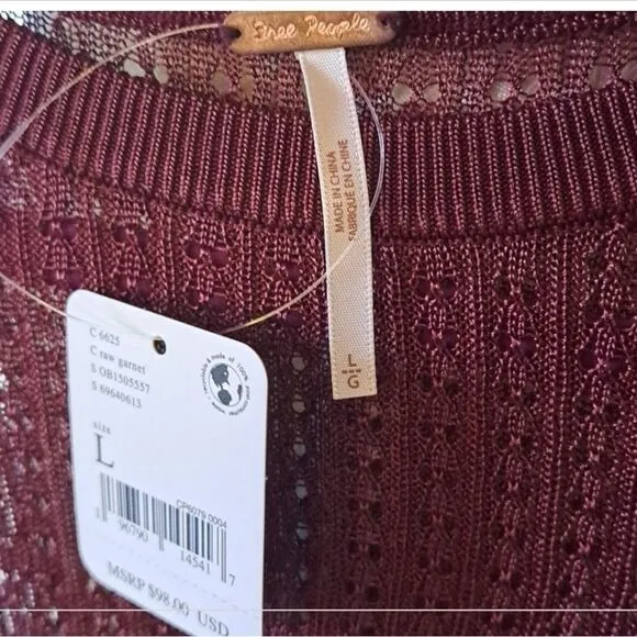 Free People size large Womens H20 Crew Neck Sheer Long Sleeve Pullover