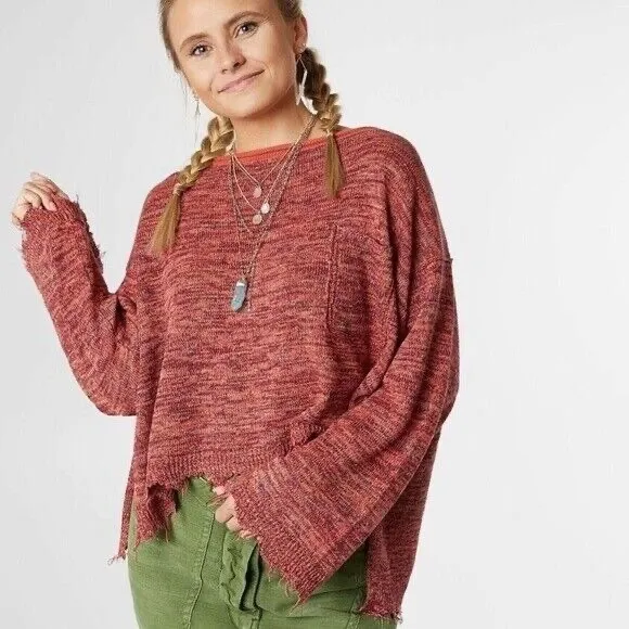 Free People Prism Pullover Sweater Raw Hem Coral Combo Size Extra Small