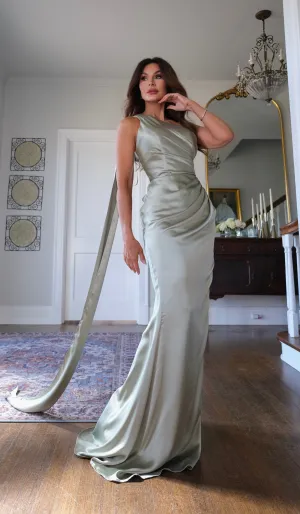 Gina sage fitted satin gown with halter scarf