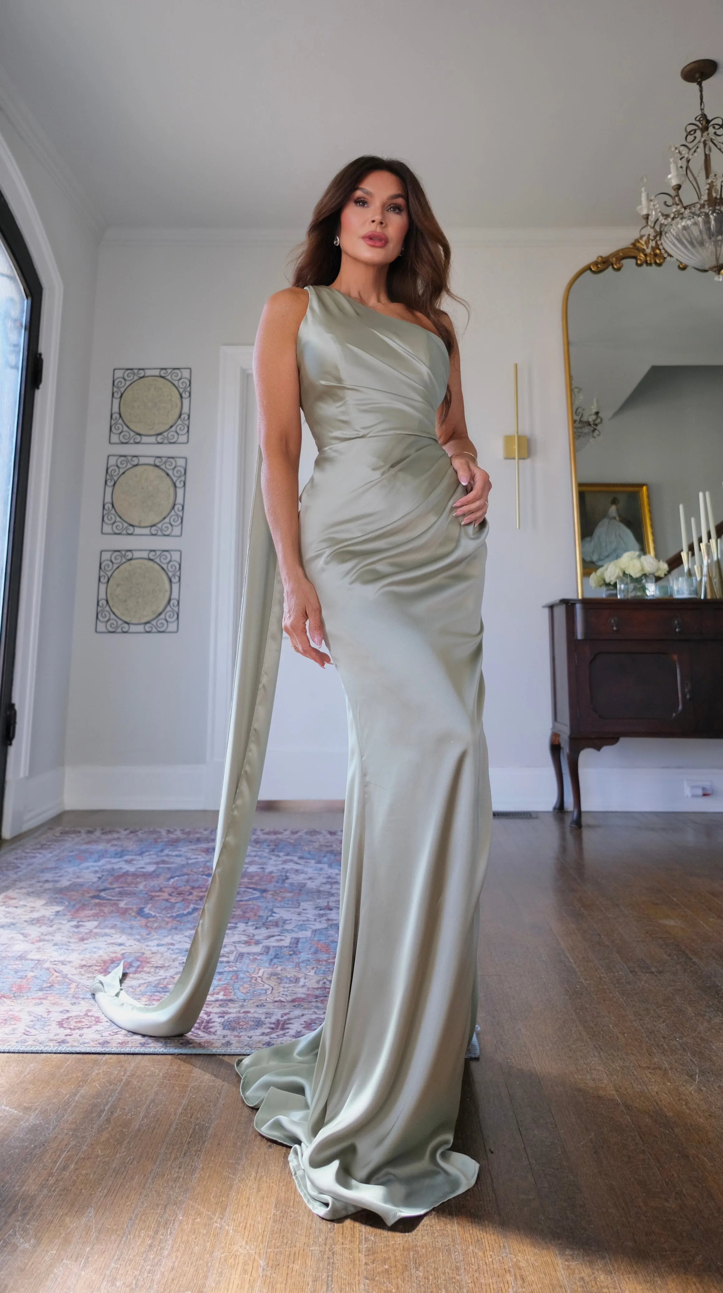 Gina sage fitted satin gown with halter scarf