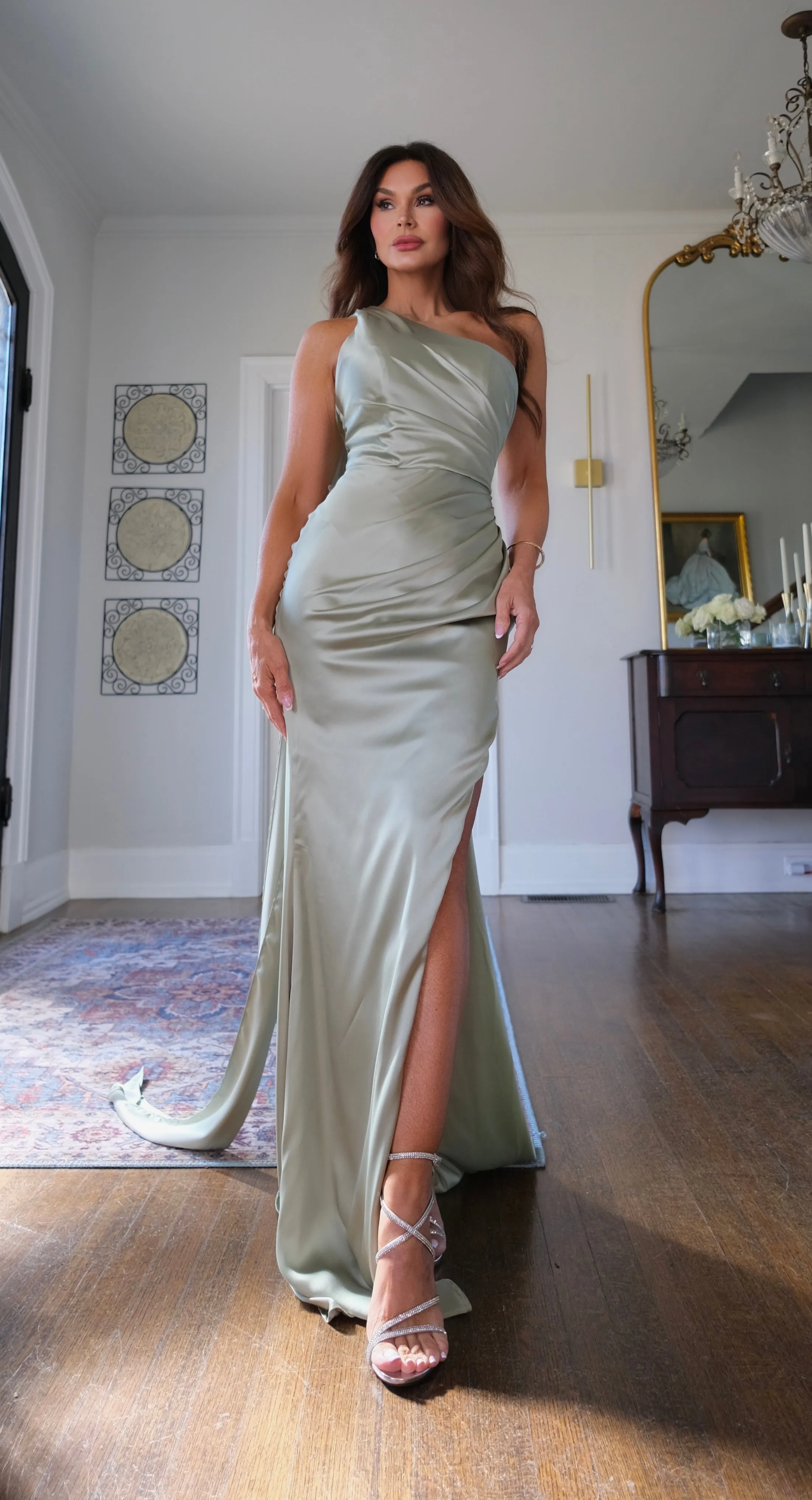 Gina sage fitted satin gown with halter scarf