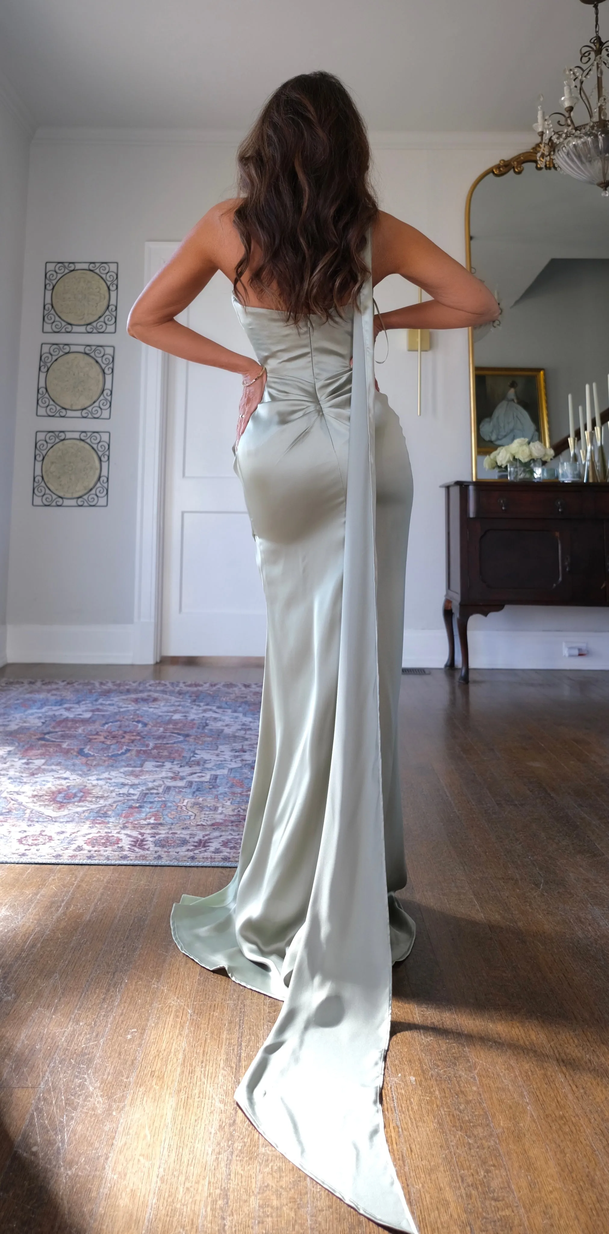 Gina sage fitted satin gown with halter scarf
