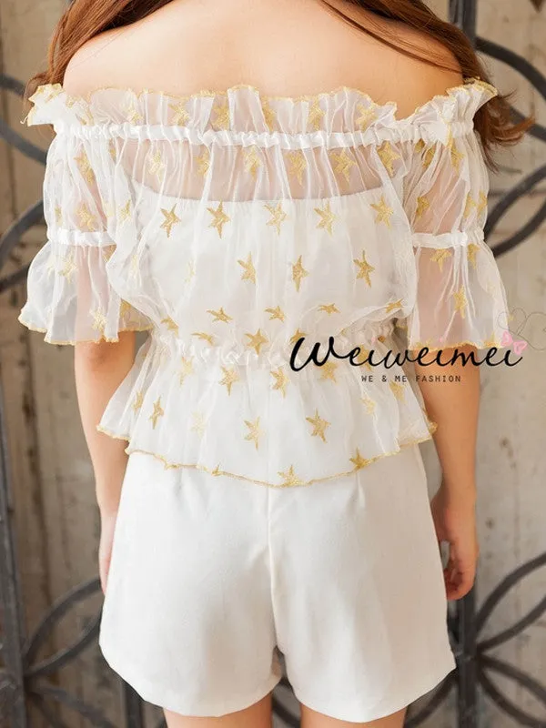 golden star sheer top and romper set