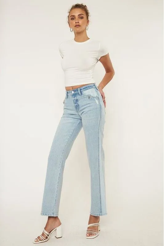 High Rise Contrast Accent Straight Leg Jean