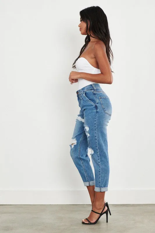 High Waisted Cuffed Boyfriend Jeans
