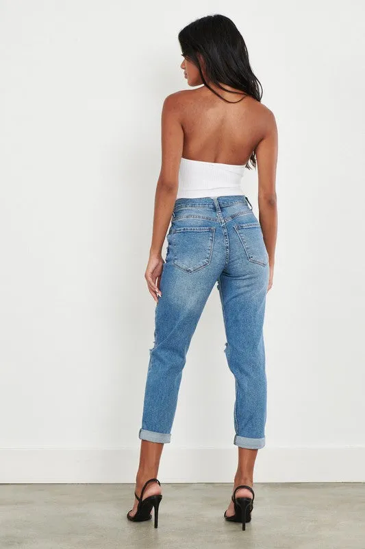High Waisted Cuffed Boyfriend Jeans