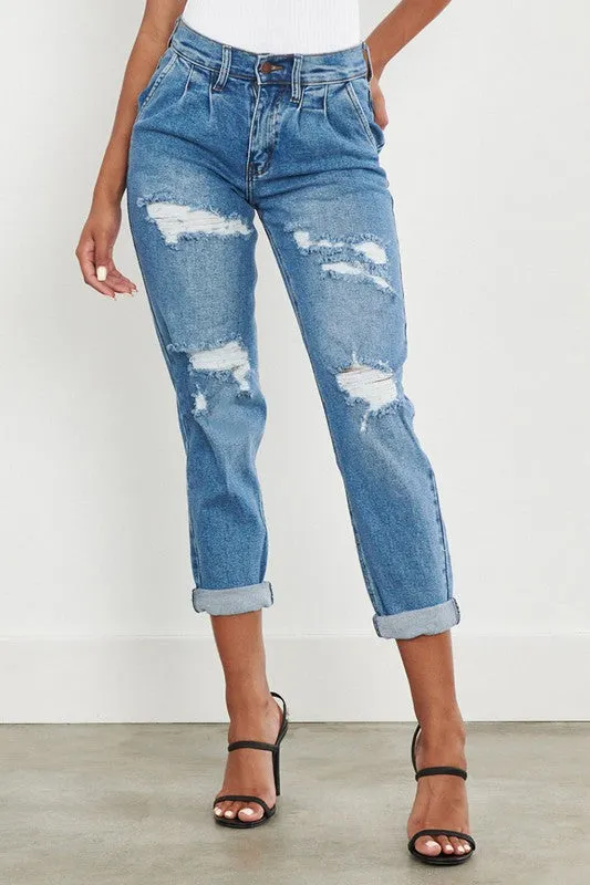 High Waisted Cuffed Boyfriend Jeans