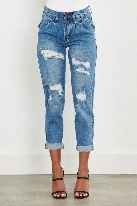 High Waisted Cuffed Boyfriend Jeans