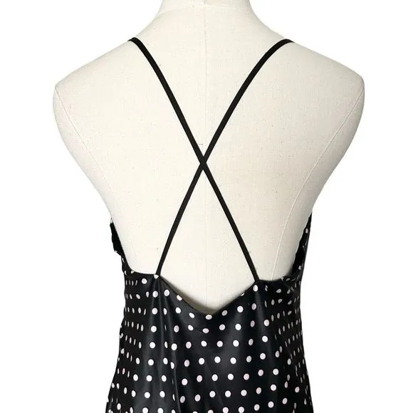 Ieena for Mac Duggal 21461 Tea Length Satin Gown Black Pink Polka Dot Size Large