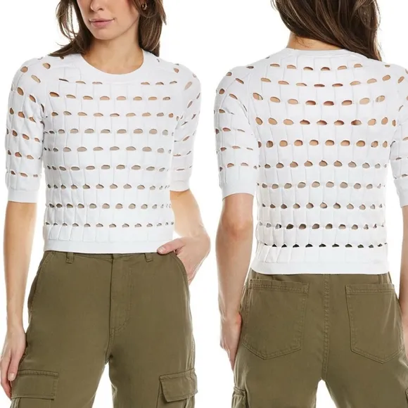 Iro Women's White Sabil Knit Openwork PulloverSweater Cutout short sleeve
