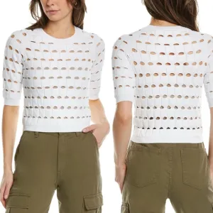 Iro Women's White Sabil Knit Openwork PulloverSweater Cutout short sleeve