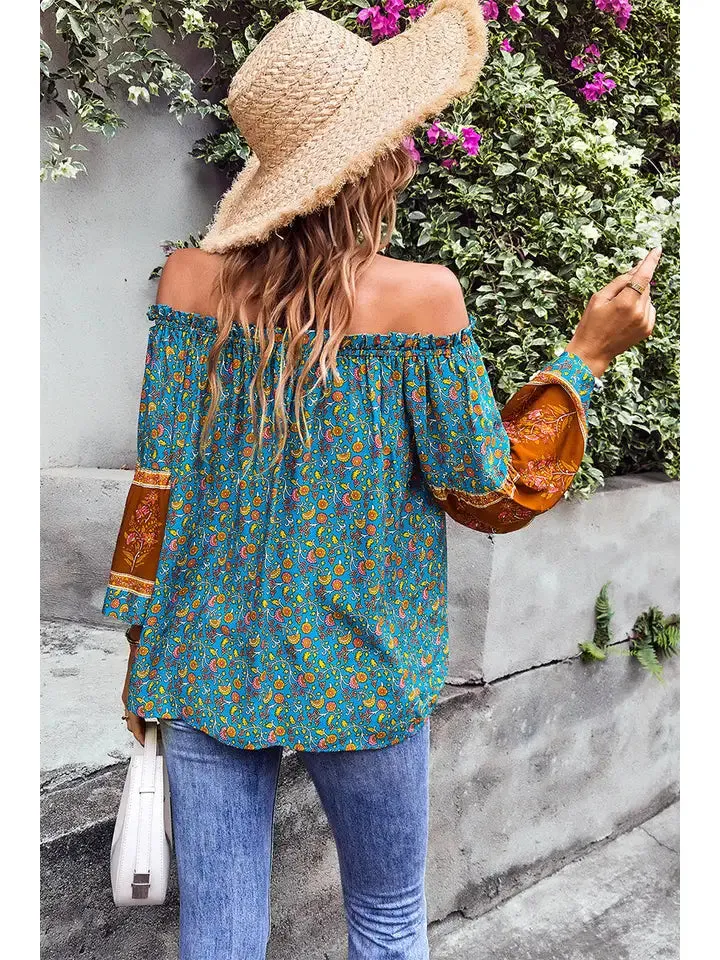 Jamie Off Shoulder Long Sleeve Drawstring Floral Top