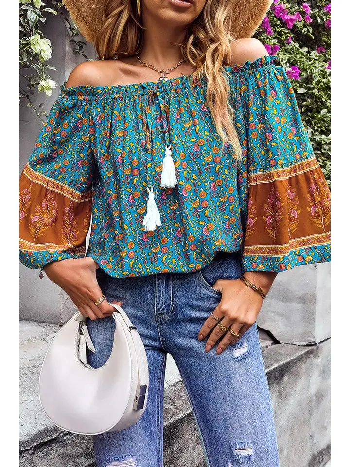 Jamie Off Shoulder Long Sleeve Drawstring Floral Top