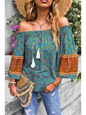 Jamie Off Shoulder Long Sleeve Drawstring Floral Top