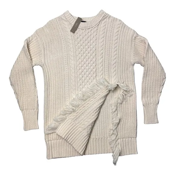 J.Crew Crème Cableknit Sweater Crewneck Split Side Fringe Detail NWT