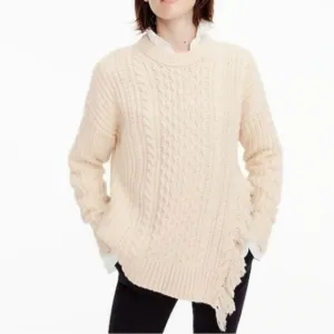 J.Crew Crème Cableknit Sweater Crewneck Split Side Fringe Detail NWT