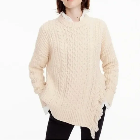 J.Crew Crème Cableknit Sweater Crewneck Split Side Fringe Detail NWT