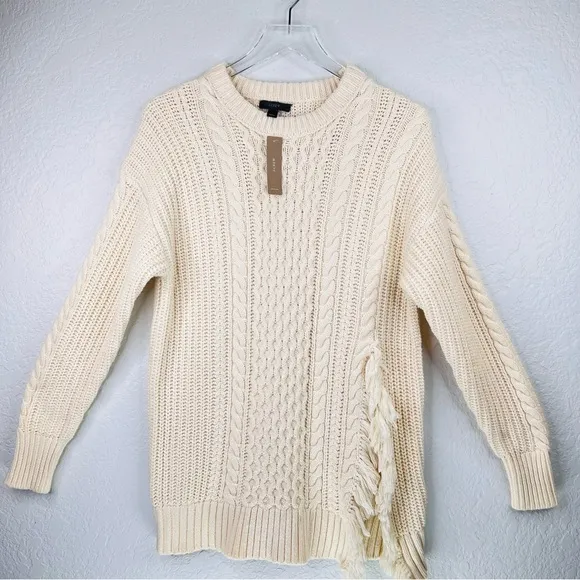 J.Crew Crème Cableknit Sweater Crewneck Split Side Fringe Detail NWT