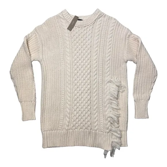 J.Crew Crème Cableknit Sweater Crewneck Split Side Fringe Detail NWT