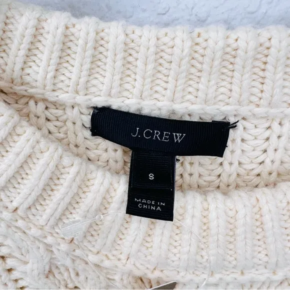 J.Crew Crème Cableknit Sweater Crewneck Split Side Fringe Detail NWT