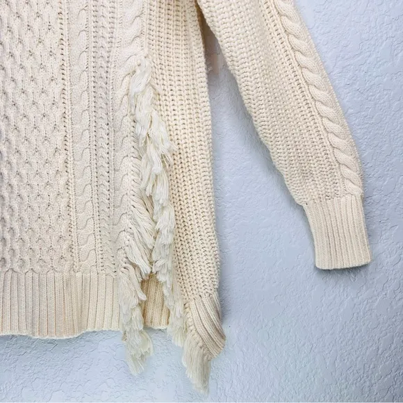 J.Crew Crème Cableknit Sweater Crewneck Split Side Fringe Detail NWT