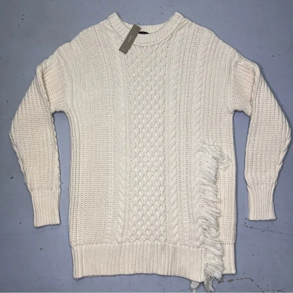 J.Crew Crème Cableknit Sweater Crewneck Split Side Fringe Detail NWT