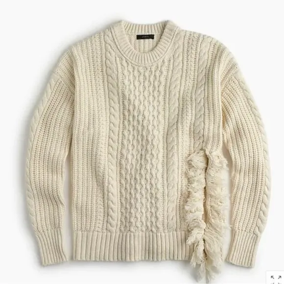 J.Crew Crème Cableknit Sweater Crewneck Split Side Fringe Detail NWT