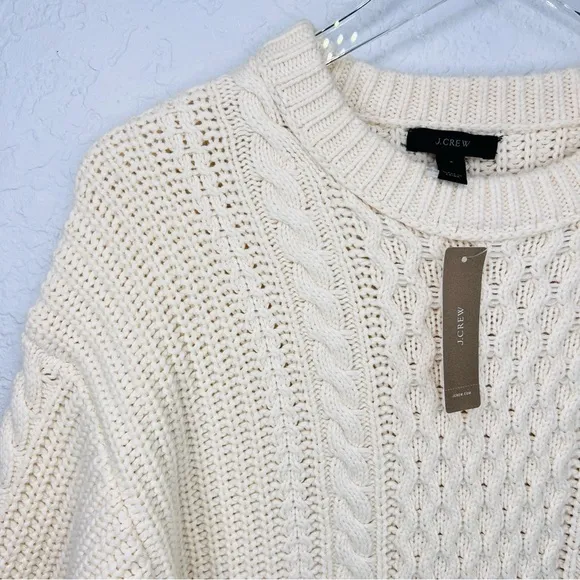 J.Crew Crème Cableknit Sweater Crewneck Split Side Fringe Detail NWT