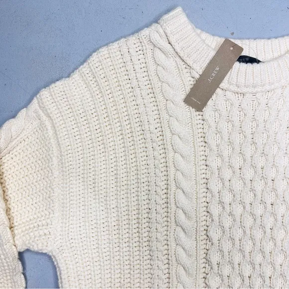 J.Crew Crème Cableknit Sweater Crewneck Split Side Fringe Detail NWT