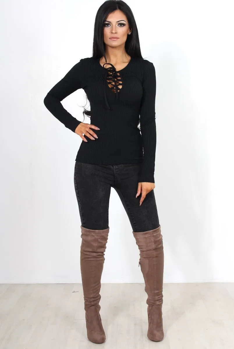 Jeena Black Tie Front Top