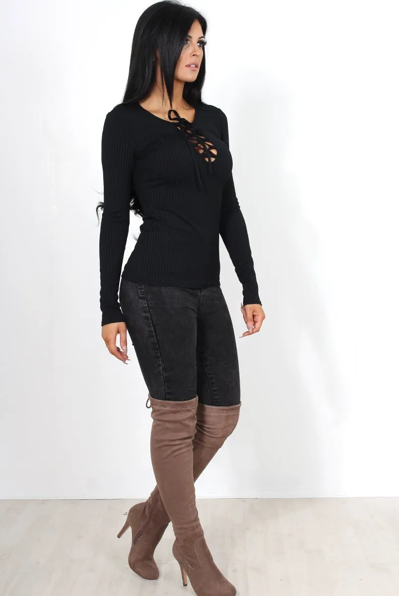 Jeena Black Tie Front Top