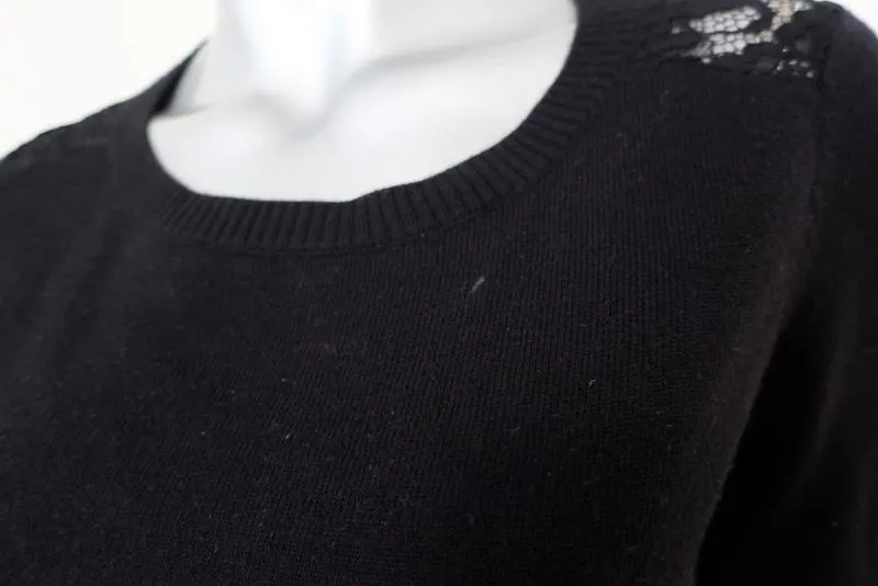 Joie Lace-Back Sweater Matrika Black Wool-Blend Size Small Scoop Neck Pullover