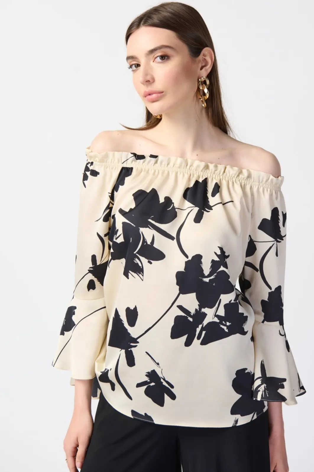 Joseph Ribkoff Floral Satin Off-the-Shoulder Top