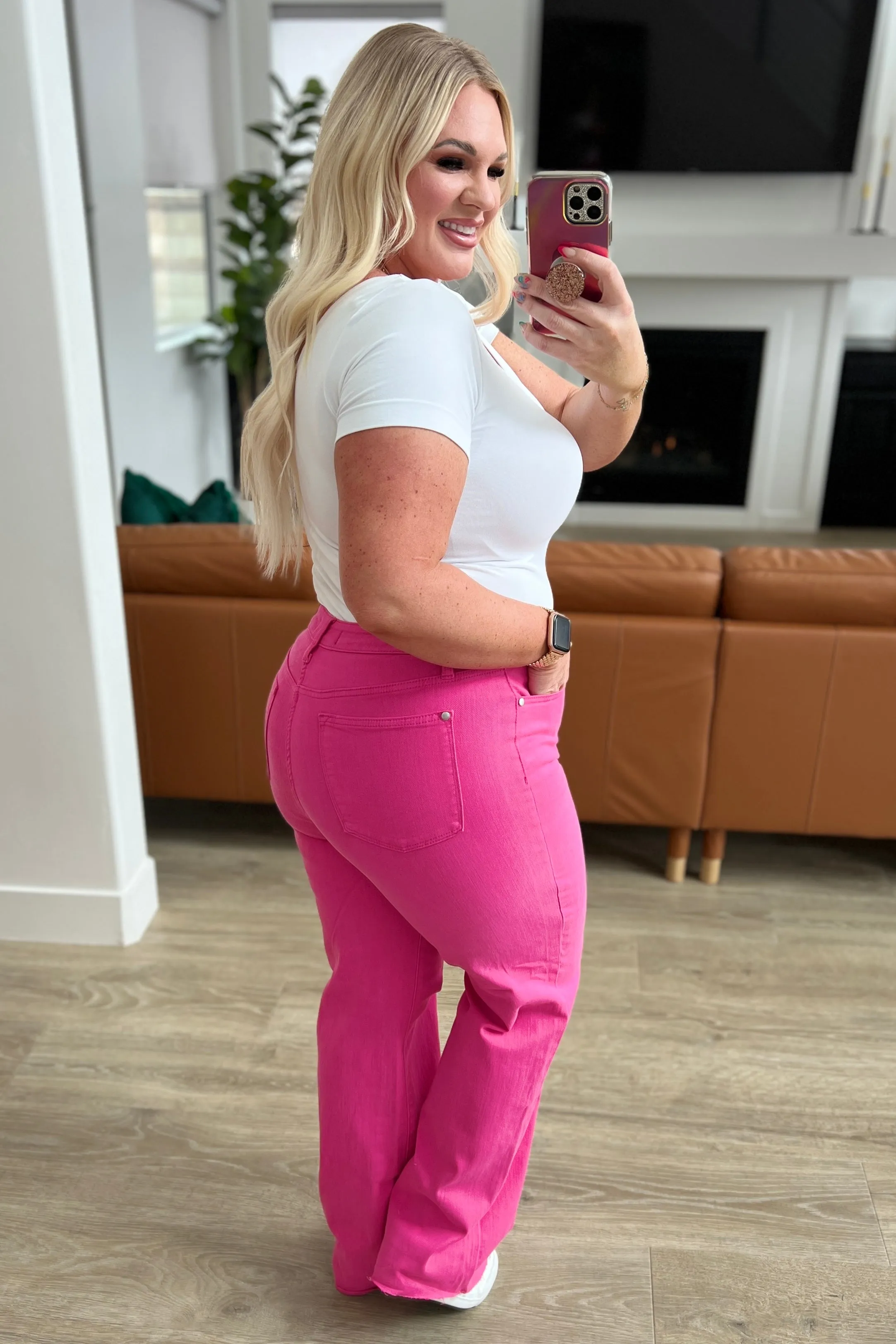Judy Blue High Rise Pink 90's Straight Jeans with Heart Embroidery