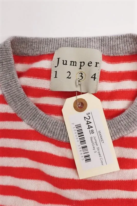 Jumper Striped Cashmere Sweater Red/Gray Size 3 Crewneck Pullover NEW
