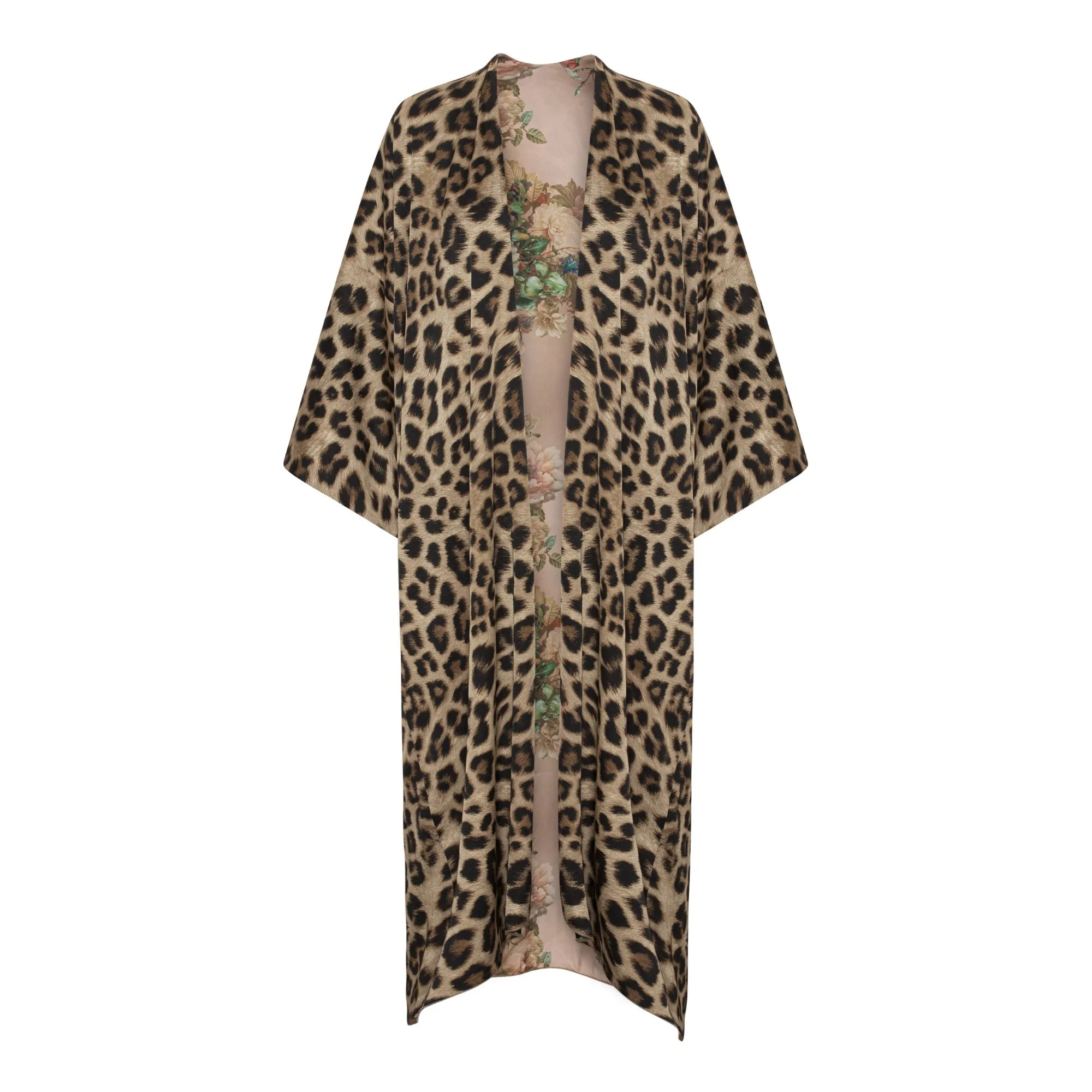 Karmamia Capri robe lang vendbar kimono med leopard og blomsterprint